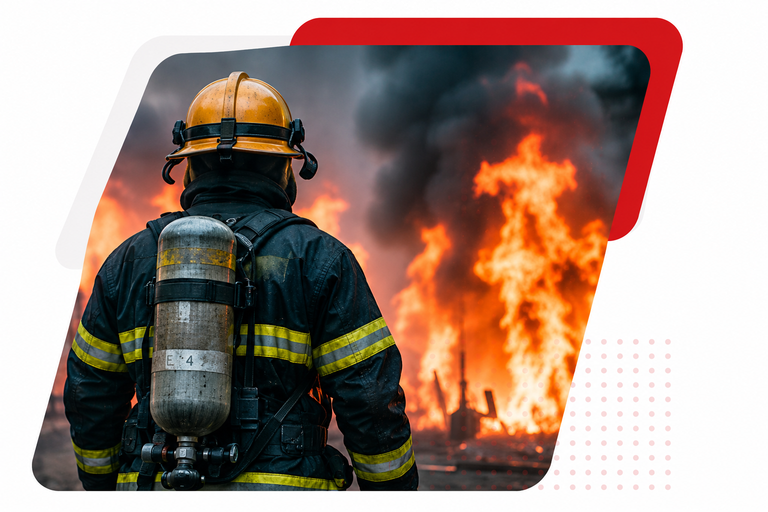 Firefighter in protective gear facing flames with fire safety equipment