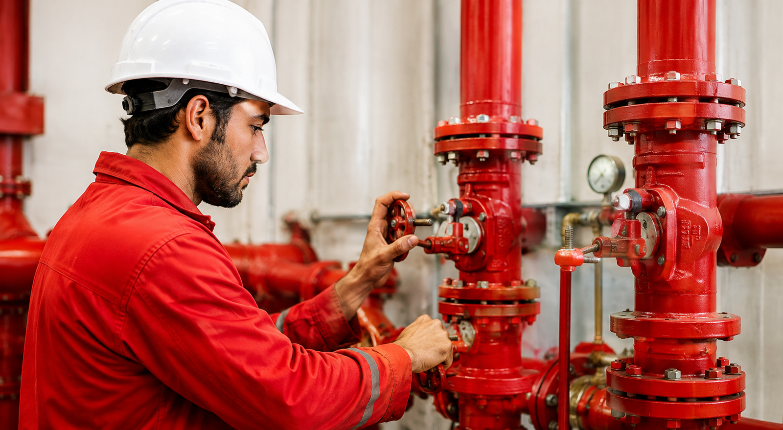 Fire safety engineer installing and inspecting red fire fighting pipes and valves in an industrial building.