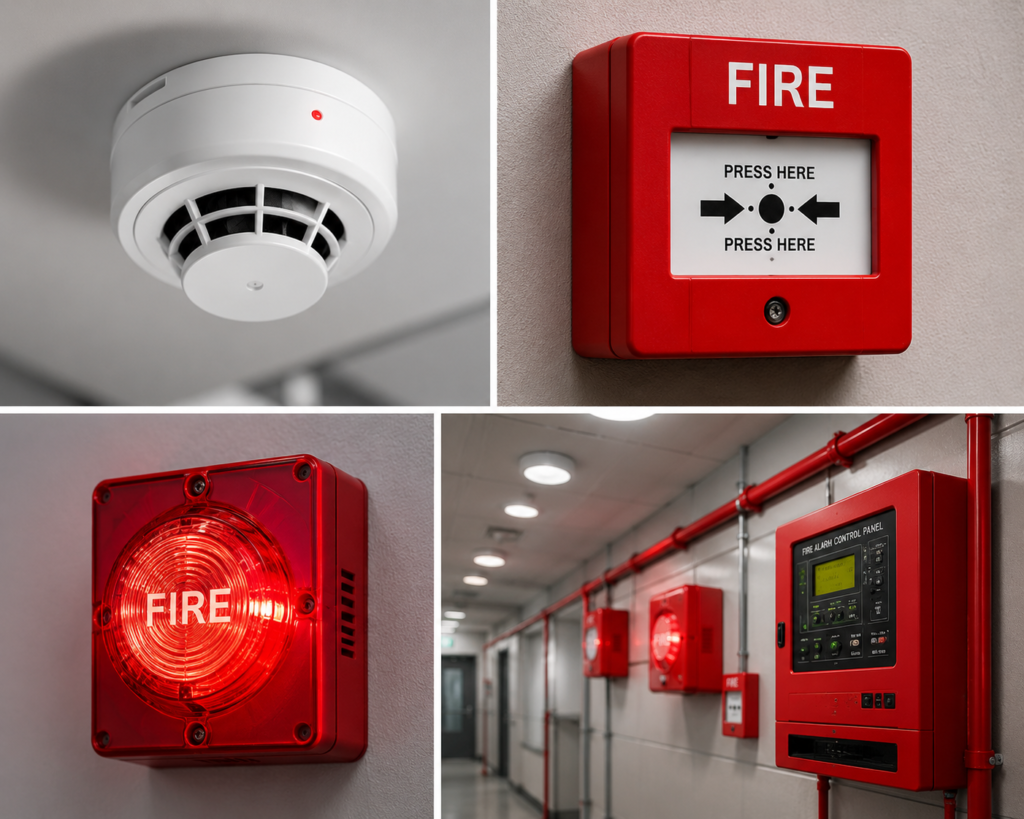 Fire alarm system components including smoke detector, manual call point, visual alarm strobe and fire alarm control panel