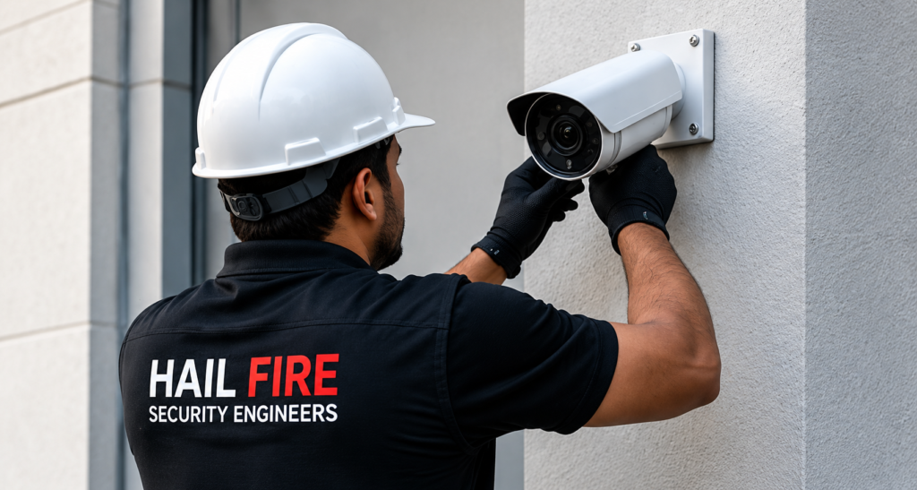 “Technician installing a CCTV surveillance camera on a commercial building wall.”