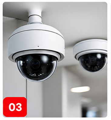 “Dome and bullet CCTV cameras for building security monitoring.”