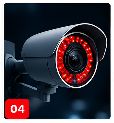 “Night vision CCTV security camera with infrared LEDs for low-light surveillance.”