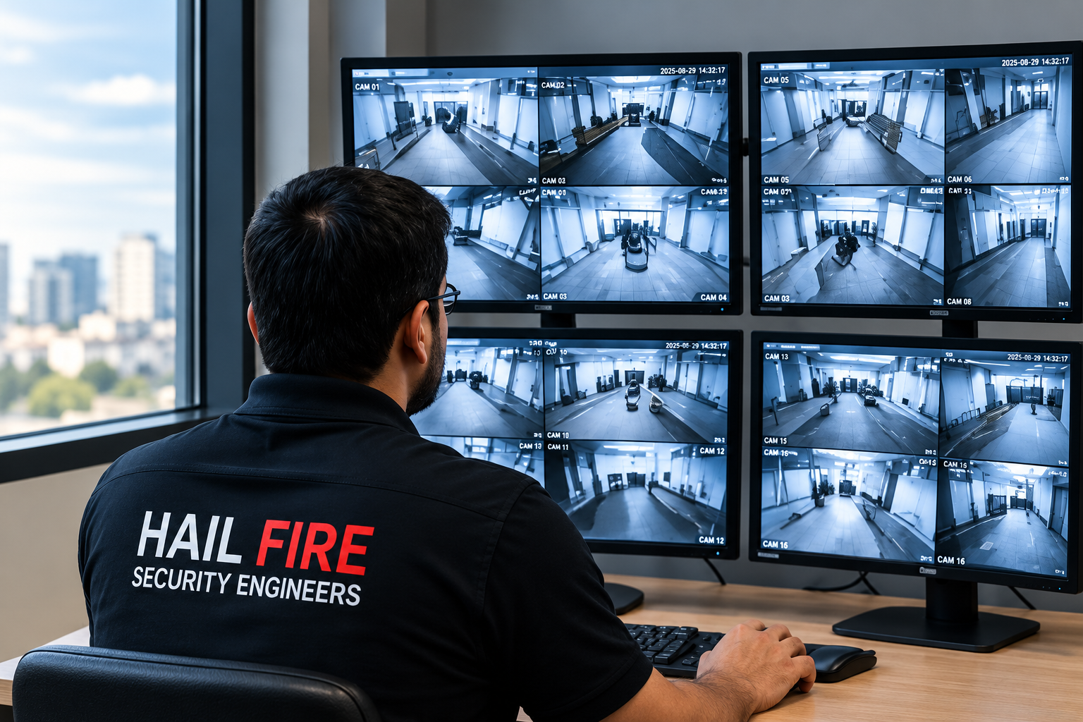 “CCTV monitoring operator viewing multiple security camera feeds on surveillance monitors.”