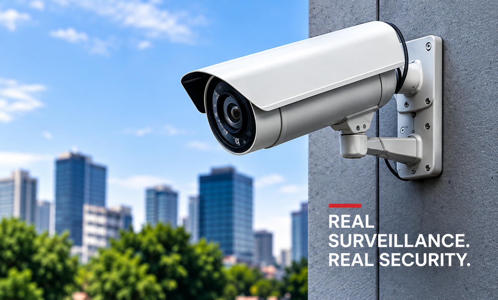 “White CCTV surveillance camera mounted on a modern building wall overlooking a city skyline.”