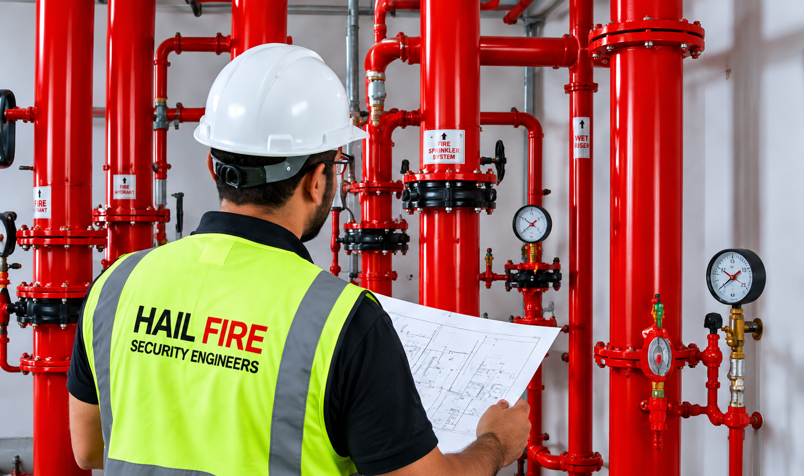 “Fire safety technician reviewing a blueprint beside red fire protection piping, valves and pressure gauges.”
