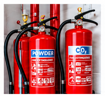 “Red fire extinguishers for fire protection and emergency response.”