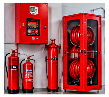 “Fire extinguishers and fire hose reel cabinet in a fire safety equipment area.”