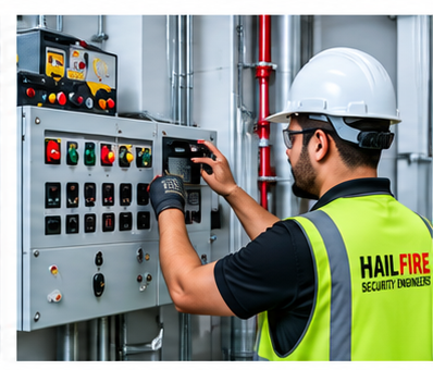“Fire safety technician testing and commissioning a fire protection control panel.”