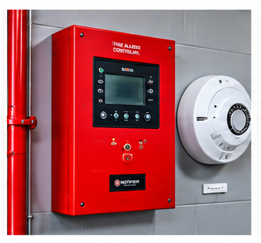 “Fire alarm control panel and smoke detector installed on a building wall.”