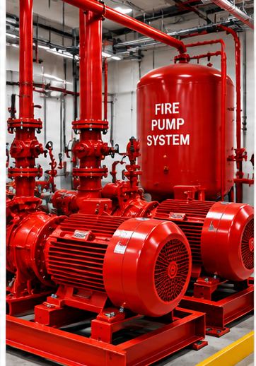 “Red fire pump system with fire pumps, piping, valves and pressure gauges.”