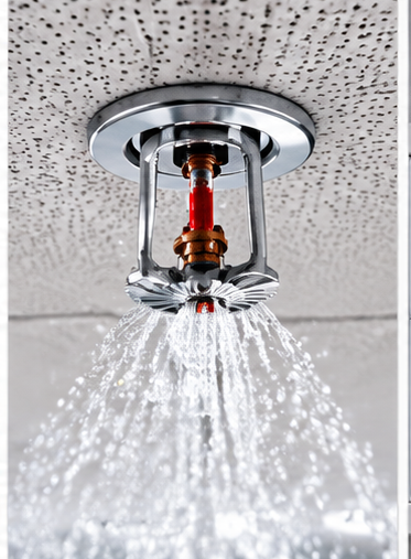 “Ceiling-mounted fire sprinkler head discharging water for automatic fire protection.”