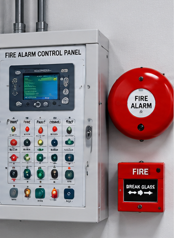 “Fire alarm control panel, alarm bell and manual call point installed on a wall.”