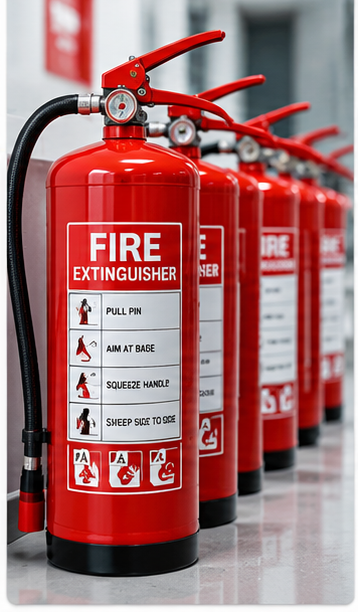 “Row of red fire extinguishers for emergency fire protection.”