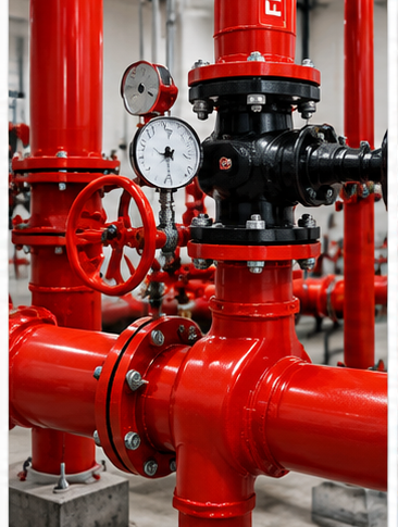 “Red fire hydrant piping, valves and pressure gauges in a fire protection system.”