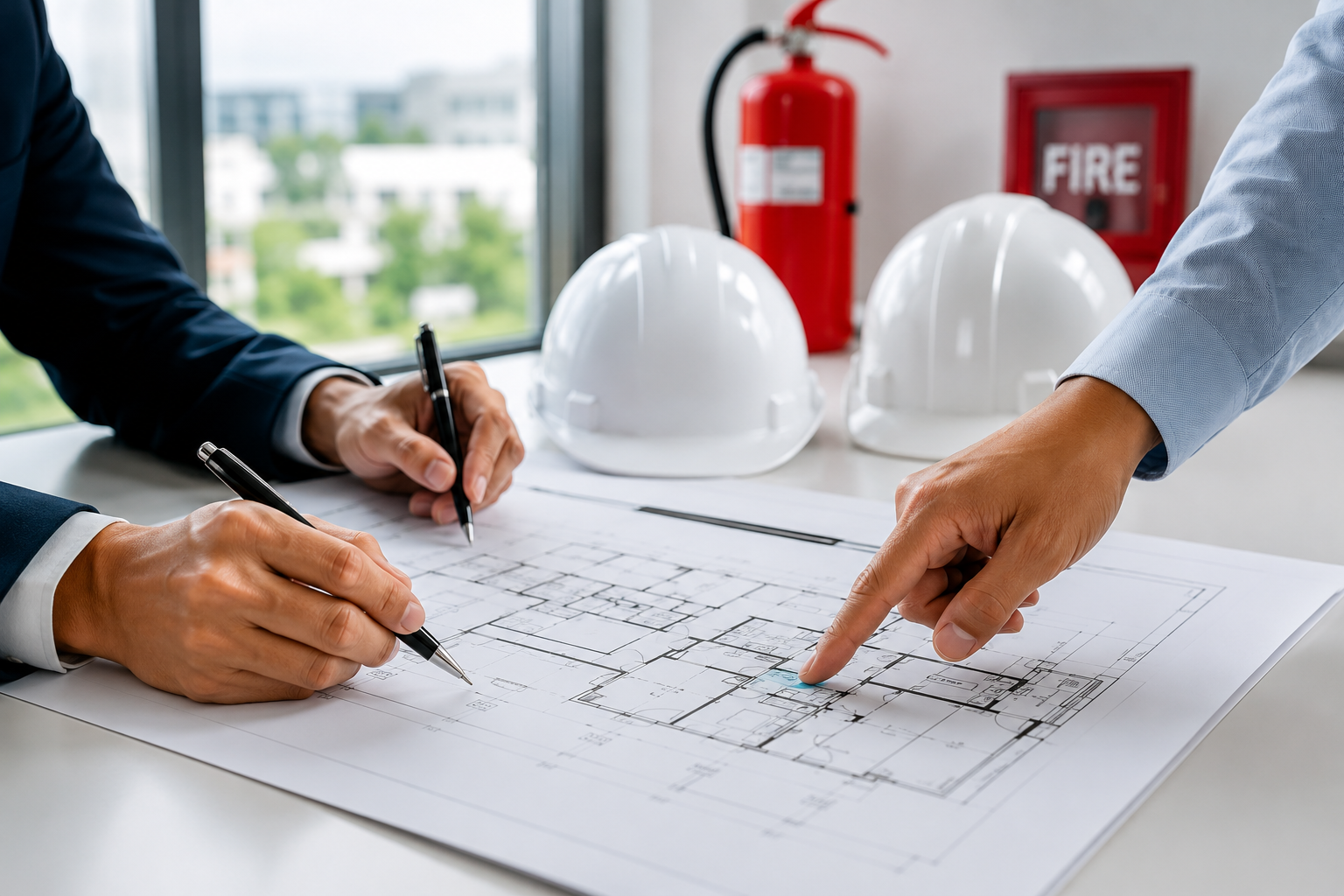 “Fire safety professionals reviewing building plans and discussing fire protection requirements.”