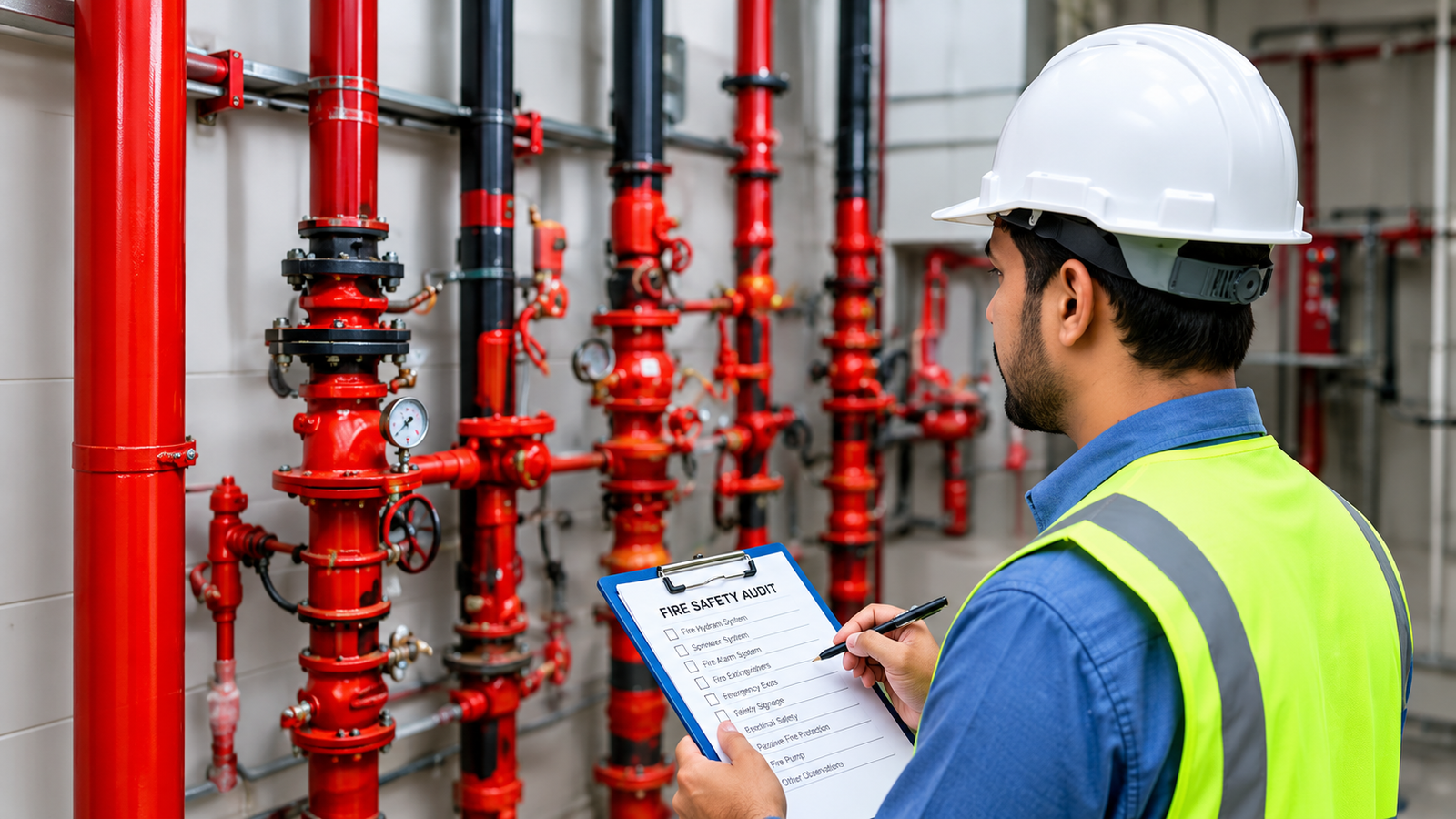 “Fire safety inspector reviewing fire protection piping and equipment during a safety audit.”