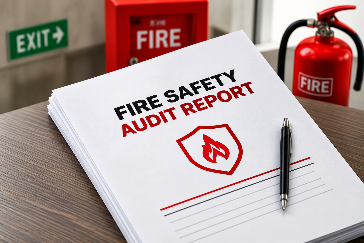 “Fire safety audit report with fire protection equipment and safety signage in the background.”