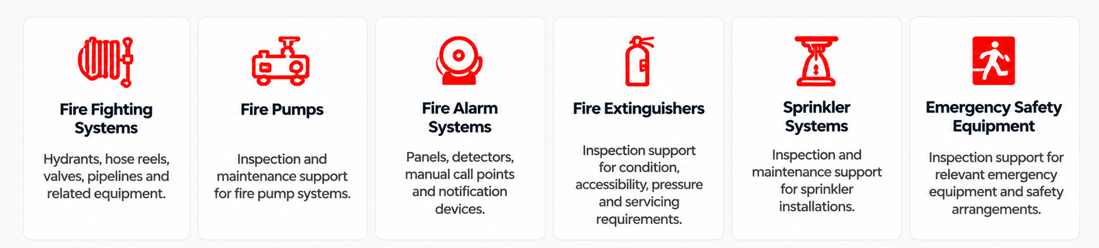 “Fire safety AMC maintenance support for fire fighting systems, fire pumps, fire alarm systems, fire extinguishers, sprinklers and emergency safety equipment.”