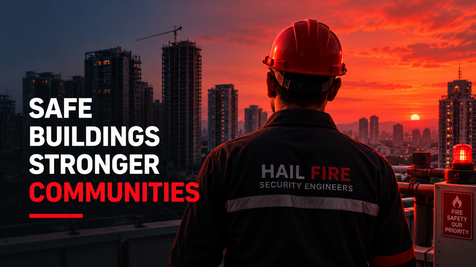 “Hail Fire Security Engineers technician overlooking a city skyline with fire safety equipment and the message Safe Buildings, Stronger Communities.”