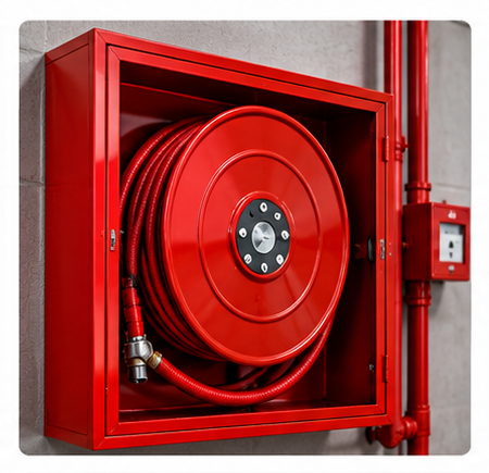 Red fire hose reel cabinet for building fire protection