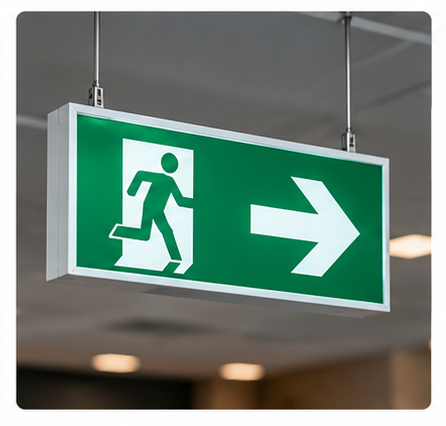 Green fire exit safety sign for emergency evacuation