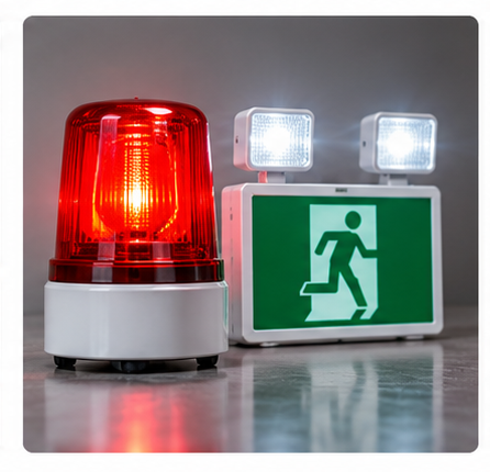 Emergency light and red warning beacon for fire safety
