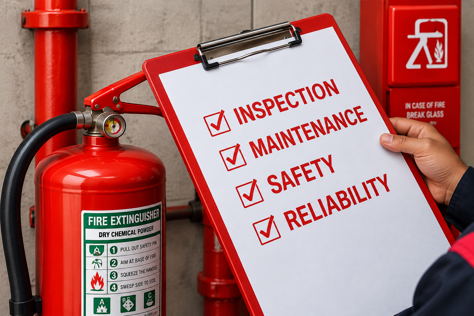 “Fire safety inspection checklist showing inspection, maintenance, safety and reliability beside a fire extinguisher.”