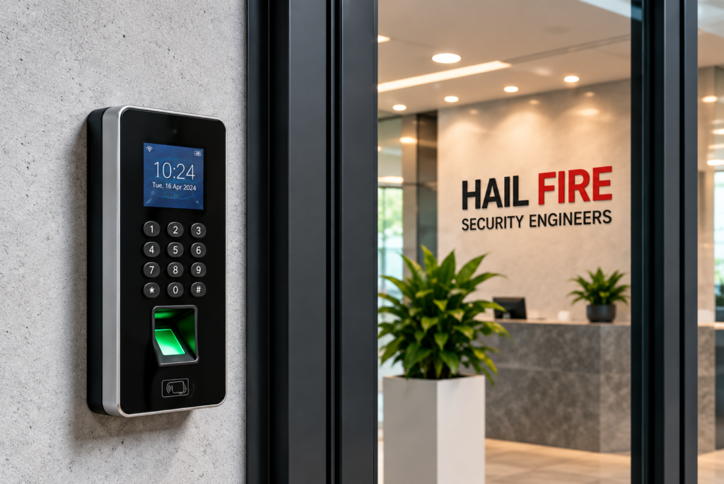 Biometric access control system installed at a modern office entrance with fingerprint reader and keypad
