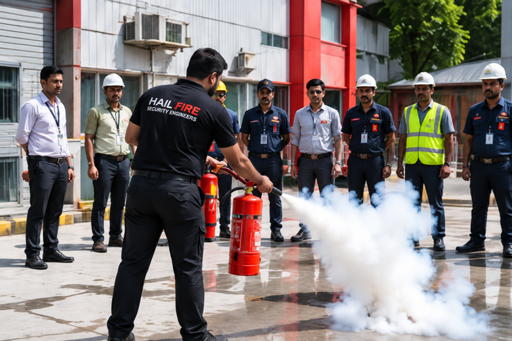 “Fire safety training session with an instructor demonstrating fire extinguisher use to workplace employees.”